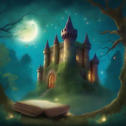 A captivating book cover featuring a mystical forest with a hidden ancient castle in the background