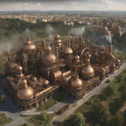 A conceptual view of Moldova under a steampunk aesthetic, presenting Chisinau enhanced with copper-plated buildings, traditional vineyards transformed by steam-powered machinery, and the ancient Orheiul Vechi complex accentuated with gears and cogs.