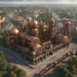 A conceptual view of Moldova under a steampunk aesthetic, presenting Chisinau enhanced with copper-plated buildings, traditional vineyards transformed by steam-powered machinery, and the ancient Orheiul Vechi complex accentuated with gears and cogs.