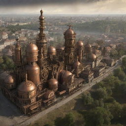 A conceptual view of Moldova under a steampunk aesthetic, presenting Chisinau enhanced with copper-plated buildings, traditional vineyards transformed by steam-powered machinery, and the ancient Orheiul Vechi complex accentuated with gears and cogs.