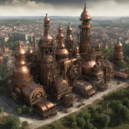 A conceptual view of Moldova under a steampunk aesthetic, presenting Chisinau enhanced with copper-plated buildings, traditional vineyards transformed by steam-powered machinery, and the ancient Orheiul Vechi complex accentuated with gears and cogs.