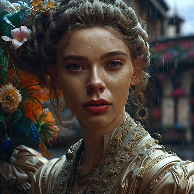 Intense close-up of a different woman's intricately detailed face in a hyper-realistic 3D photograph. She's in a rococo gown in a vibrant, mystical Russian town on a rainy day.