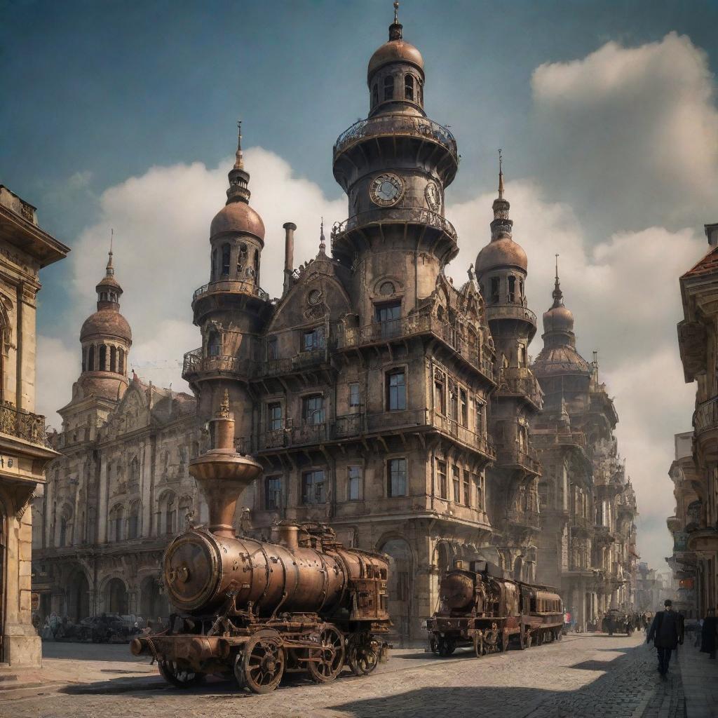 A creative envisioning of Romania with a steampunk vibe, portraying Bucharest with its gothic structures intensified by steam technology, the Transylvania region teeming with vintage machinery, and the Black Sea coast bustling with steampunk marine life.