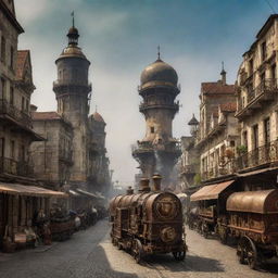 A creative envisioning of Romania with a steampunk vibe, portraying Bucharest with its gothic structures intensified by steam technology, the Transylvania region teeming with vintage machinery, and the Black Sea coast bustling with steampunk marine life.