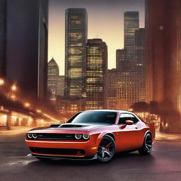 A detailed illustration of a Dodge Hellcat Challenger SRT, showcasing its aggressive design and powerful stance