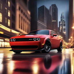 A detailed illustration of a Dodge Hellcat Challenger SRT, showcasing its aggressive design and powerful stance