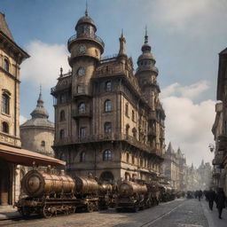 A creative envisioning of Romania with a steampunk vibe, portraying Bucharest with its gothic structures intensified by steam technology, the Transylvania region teeming with vintage machinery, and the Black Sea coast bustling with steampunk marine life.