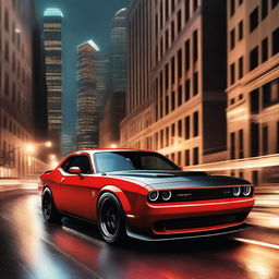 A detailed illustration of a Dodge Hellcat Challenger SRT, showcasing its aggressive design and powerful stance