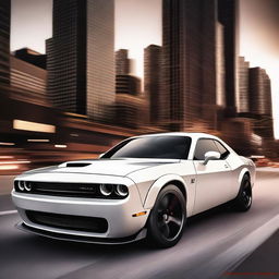 A detailed illustration of a Dodge Hellcat Challenger SRT, showcasing its aggressive design and powerful stance