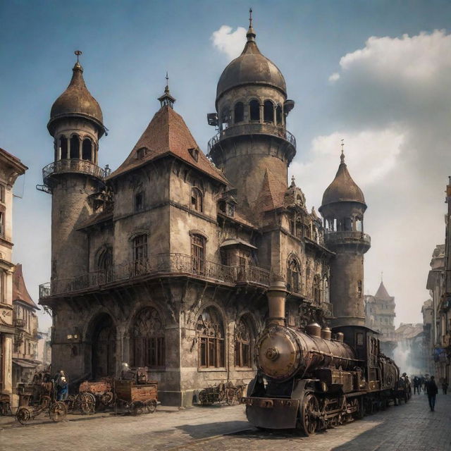 A creative envisioning of Romania with a steampunk vibe, portraying Bucharest with its gothic structures intensified by steam technology, the Transylvania region teeming with vintage machinery, and the Black Sea coast bustling with steampunk marine life.