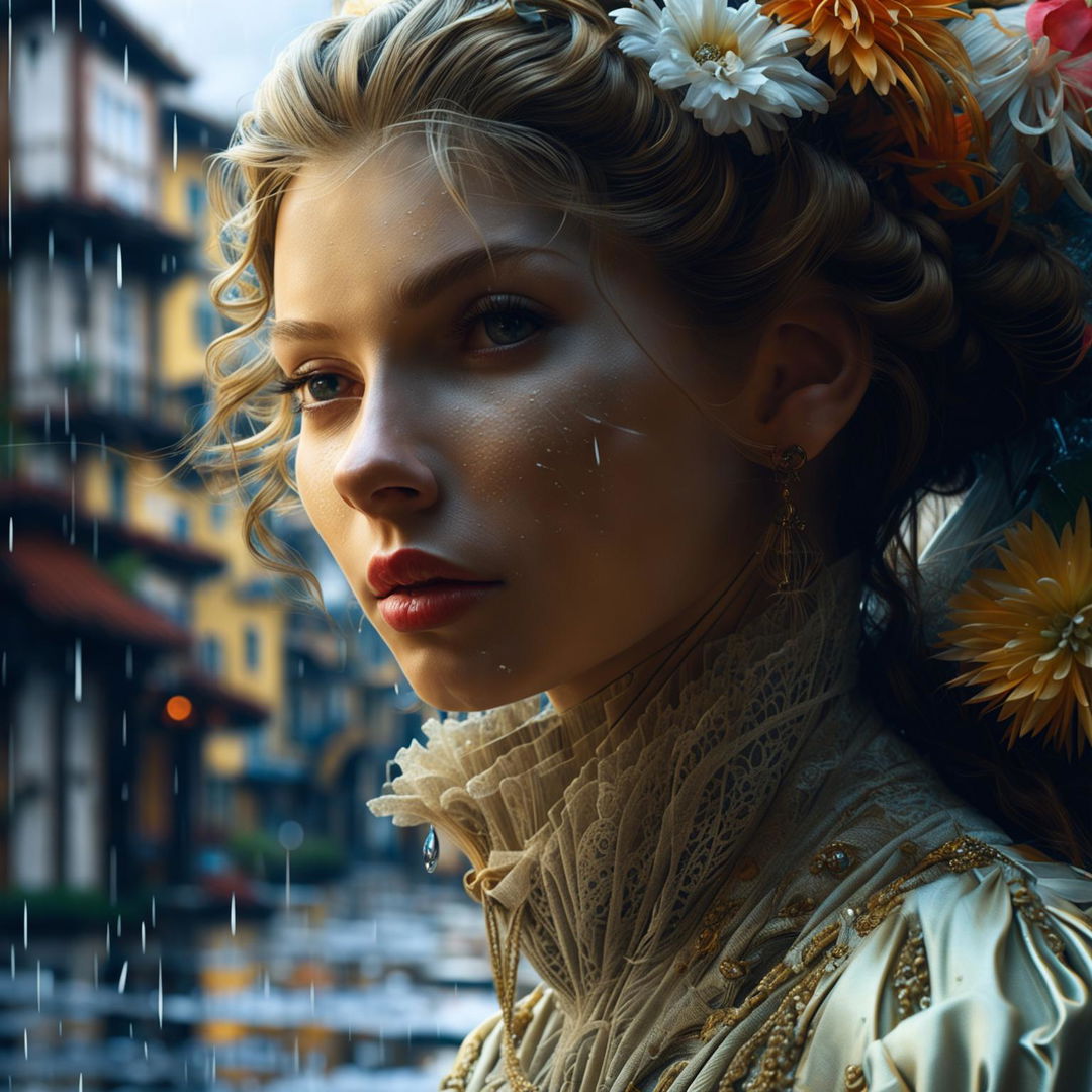 Intense close-up of a different woman's intricately detailed face in a hyper-realistic 3D photograph. She's in a rococo gown in a vibrant, mystical Russian town on a rainy day.