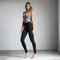 Create an image of a girl wearing leggings with her legs spread