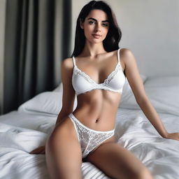 Create an image of a girl in a black bra and white knickers, lying on a bed