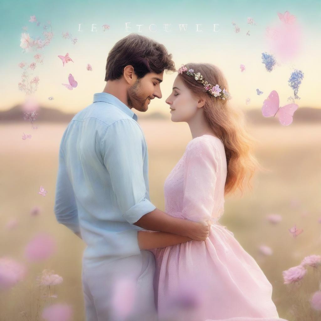 A romantic ebook cover designed for girls, featuring a young couple holding hands in a dreamy, pastel-colored meadow