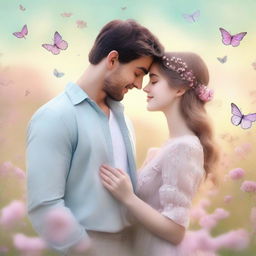 A romantic ebook cover designed for girls, featuring a young couple holding hands in a dreamy, pastel-colored meadow