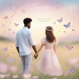 A romantic ebook cover designed for girls, featuring a young couple holding hands in a dreamy, pastel-colored meadow