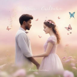 A romantic ebook cover designed for girls, featuring a young couple holding hands in a dreamy, pastel-colored meadow