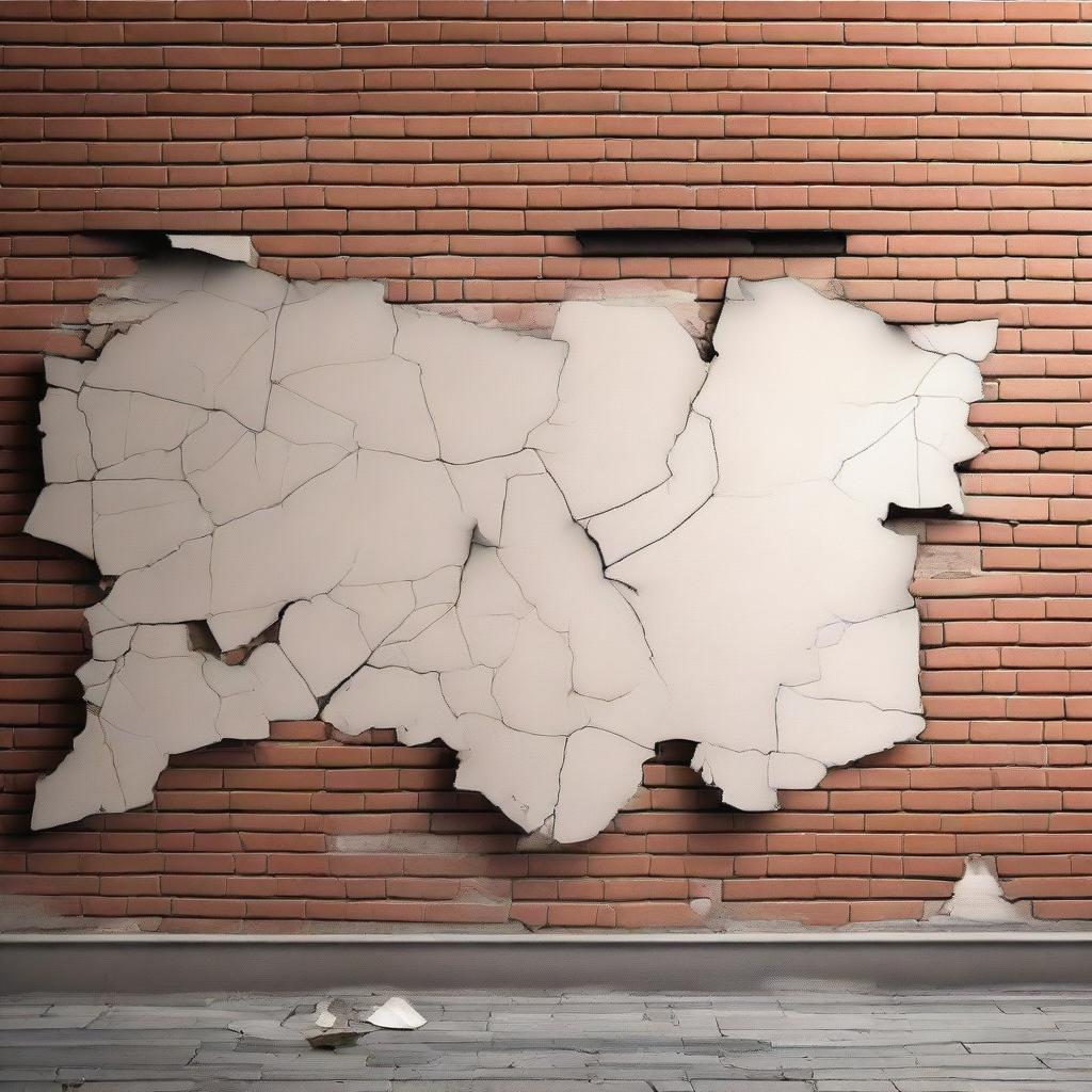 A detailed image of a broken wall with cracks and debris