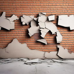 A detailed image of a broken wall with cracks and debris