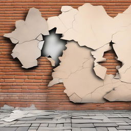 A detailed image of a broken wall with cracks and debris