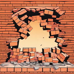 A detailed vector illustration of a broken wall with bricks falling