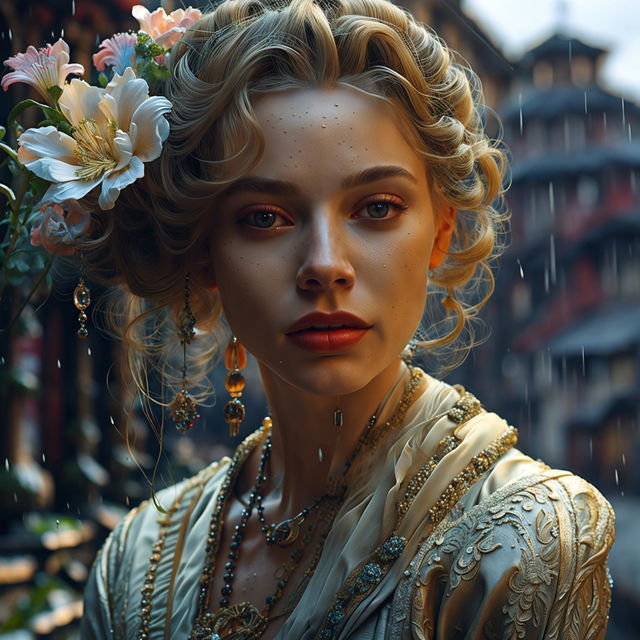 Intense close-up of a different woman's intricately detailed face in a hyper-realistic 3D photograph. She's in a rococo gown in a vibrant, mystical Russian town on a rainy day.