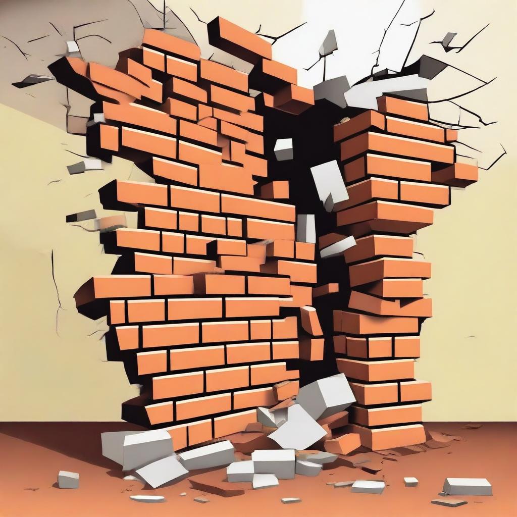 A detailed vector illustration of a broken wall with bricks falling out