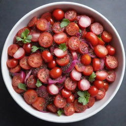 Vibrant red salad made from tomatoes, radishes and red bell peppers, with a sprinkle of chia seeds on top.