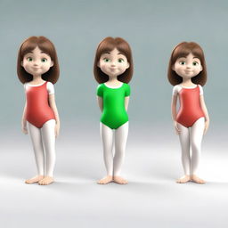 Create a series of 3D model images of a very cute 6-year-old girl named Meri with brown hair and green eyes