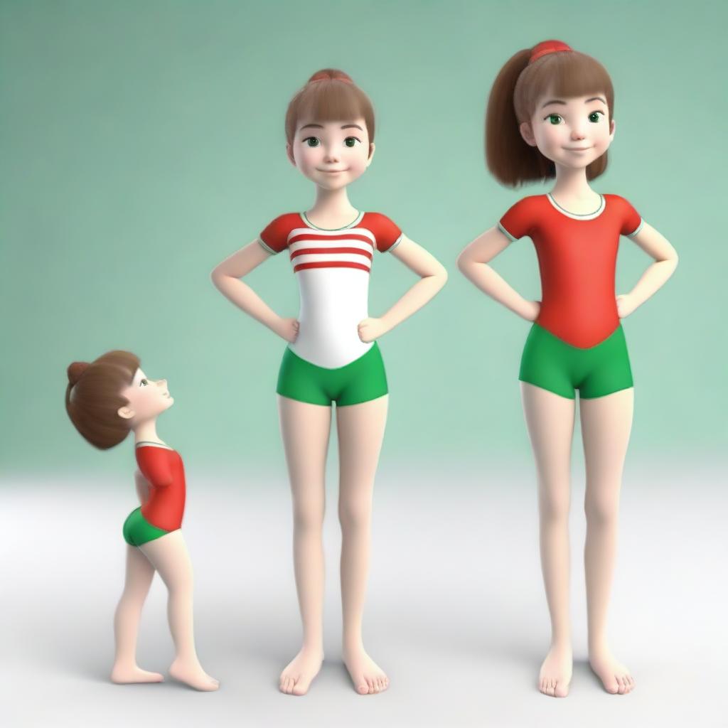 Create a series of 3D model images of a very cute 6-year-old girl named Meri with brown hair and green eyes