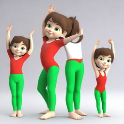 Create a series of 3D model images of a very cute 6-year-old girl named Meri with brown hair and green eyes