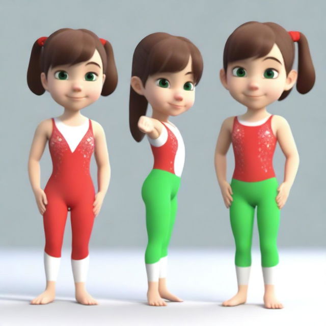 Create a series of 3D model images of a very cute 6-year-old girl named Meri with brown hair and green eyes