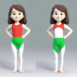 Create a series of 3D model images of a very cute 6-year-old girl named Meri with brown hair and green eyes