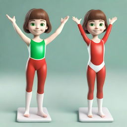 Create a series of 3D model images of a very cute 6-year-old girl named Meri with brown hair and green eyes