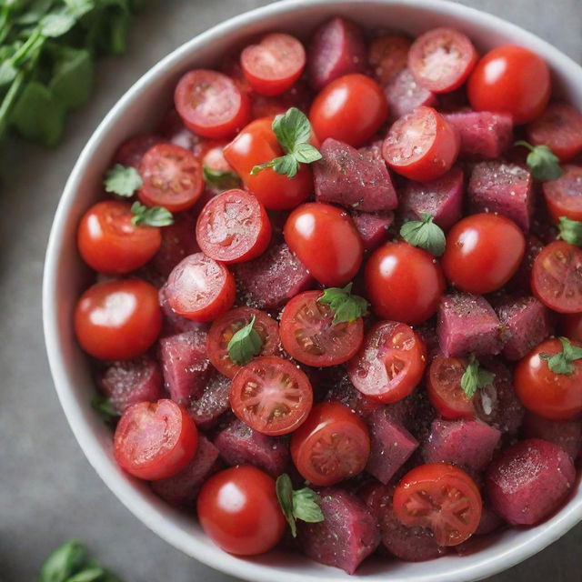 Vibrant red salad made from tomatoes, radishes and red bell peppers, with a sprinkle of chia seeds on top.