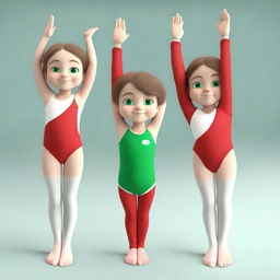 Create a series of 13 3D model images of Meri, a very cute 6-year-old girl with brown hair and green eyes, who is a gymnastics athlete