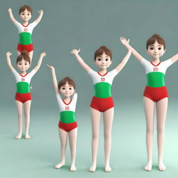 Create a series of 13 3D model images of Meri, a very cute 6-year-old girl with brown hair and green eyes, who is a gymnastics athlete