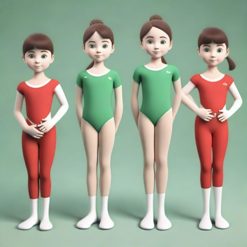 Create a series of 13 3D model images of Meri, a very cute 6-year-old girl with brown hair and green eyes, who is a gymnastics athlete