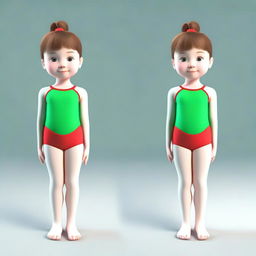 Create a series of 13 3D model images of Meri, a very cute 6-year-old girl with brown hair and green eyes, who is a gymnastics athlete