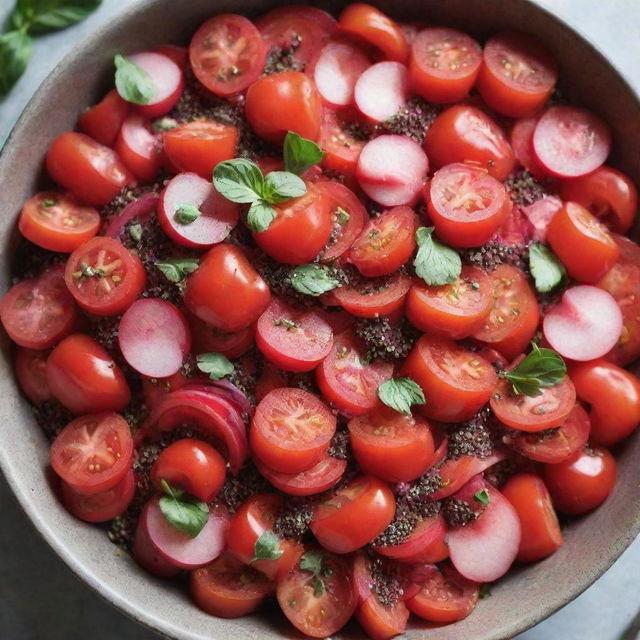 Vibrant red salad made from tomatoes, radishes and red bell peppers, with a sprinkle of chia seeds on top.