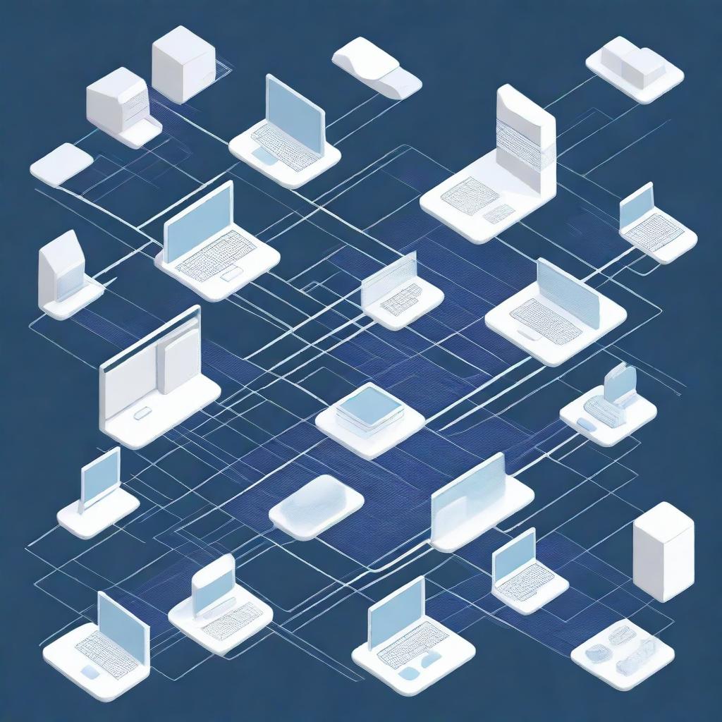 A detailed illustration of computer networks, showing interconnected devices, servers, routers, and various network nodes