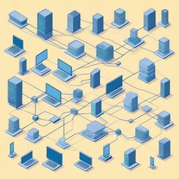 A detailed illustration of computer networks, showing interconnected devices, servers, routers, and various network nodes