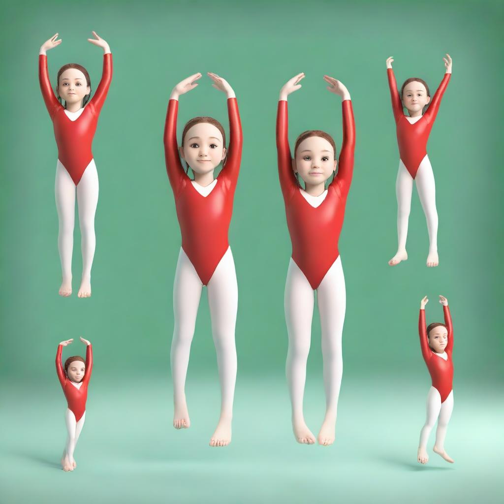 A series of 3D model images featuring Meri, a very cute 6-year-old gymnast with brown hair and green eyes