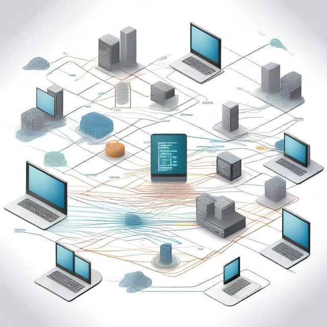 A detailed illustration of computer networks, showing interconnected devices, servers, routers, and various network nodes