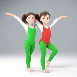 A series of 3D model images featuring Meri, a very cute 6-year-old gymnast with brown hair and green eyes