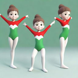 A series of 3D model images featuring Meri, a very cute 6-year-old gymnast with brown hair and green eyes