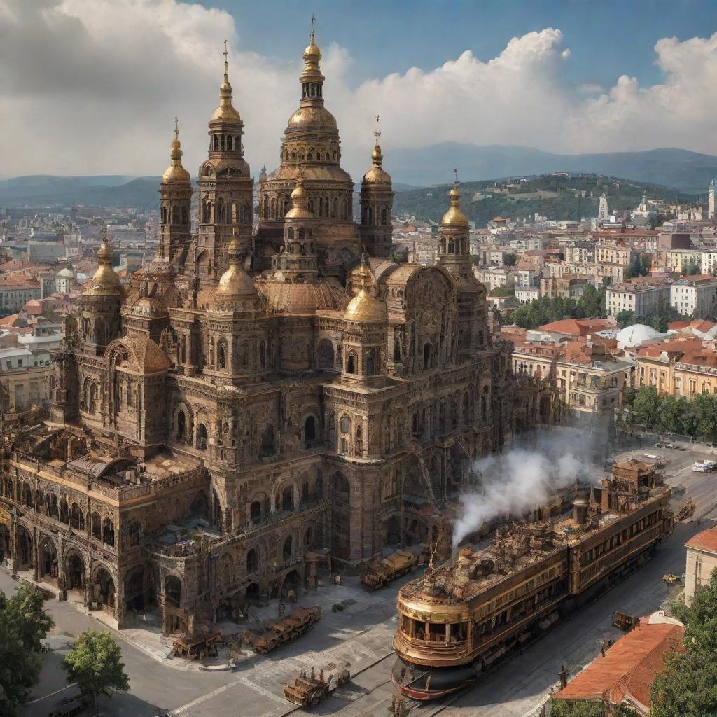 A compelling version of Bulgaria reimagined in a steampunk style, featuring Sofia's cityscape intermingled with intricate machinery, the Black Sea with steam-propelled ships, and Rila Monastery with subtle, cog-based elements.