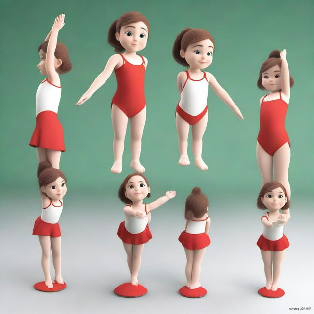 A series of 3D model images featuring Meri, a very cute 6-year-old gymnast with brown hair and green eyes