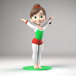 Create a series of 3D model images featuring Meri, a very cute 6-year-old gymnast with brown hair and green eyes