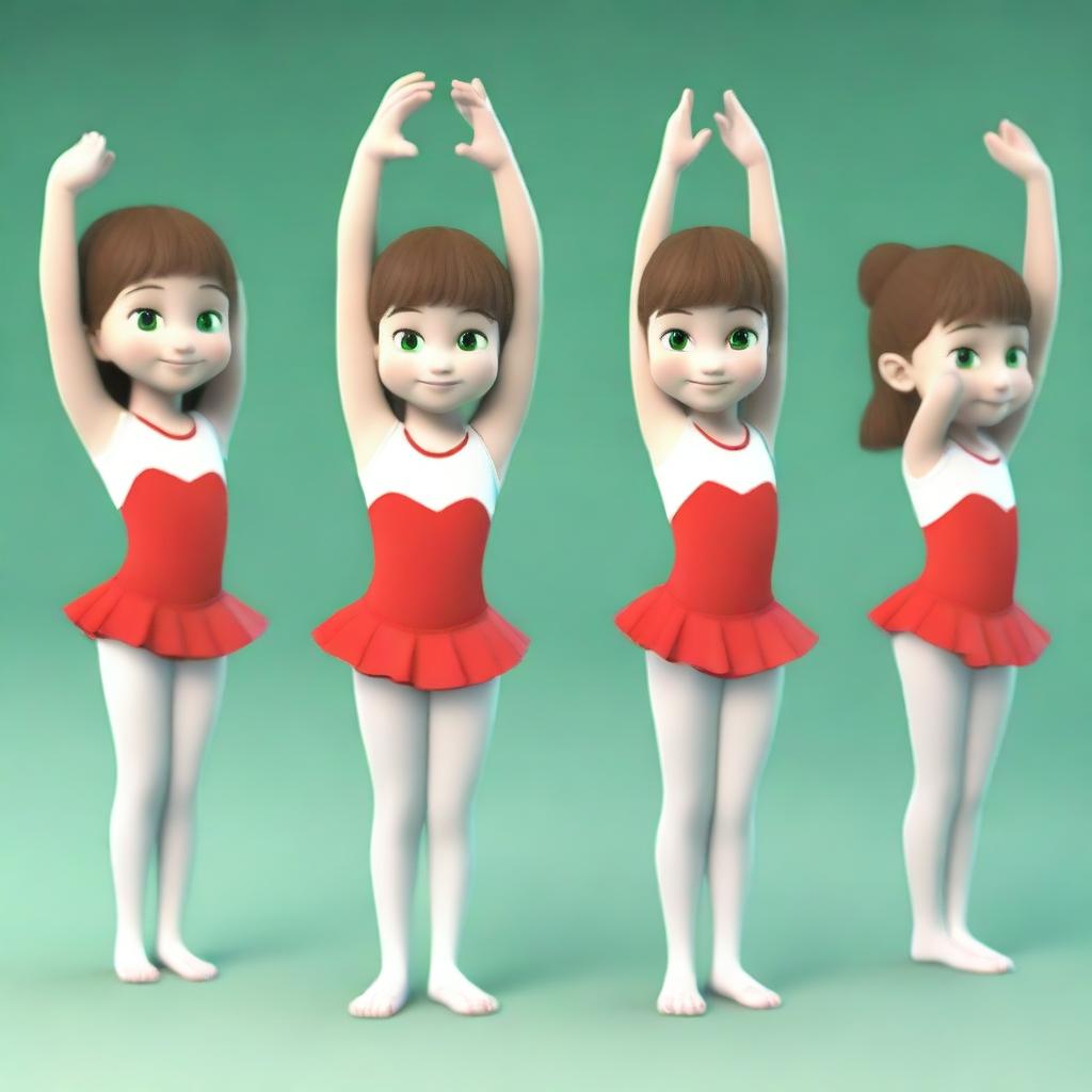 Create a series of 3D model images featuring Meri, a very cute 6-year-old gymnast with brown hair and green eyes